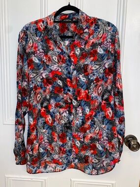 The Kooples Floral Paisley Button-Up Blouse with Red & Blue Accents